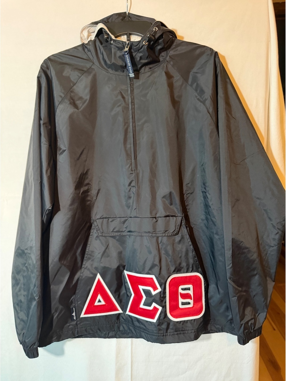 Charles River Black Windbreaker Jacket with Red Greek Letters